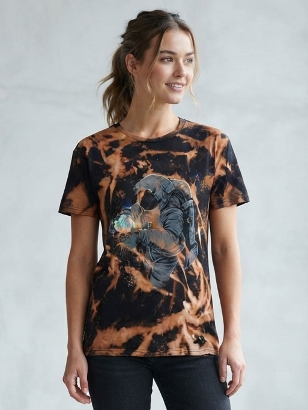 Upcycled Astronaut and Jellyfish Graphic Tee S 18” p2p Black Custom Bleach Dyed